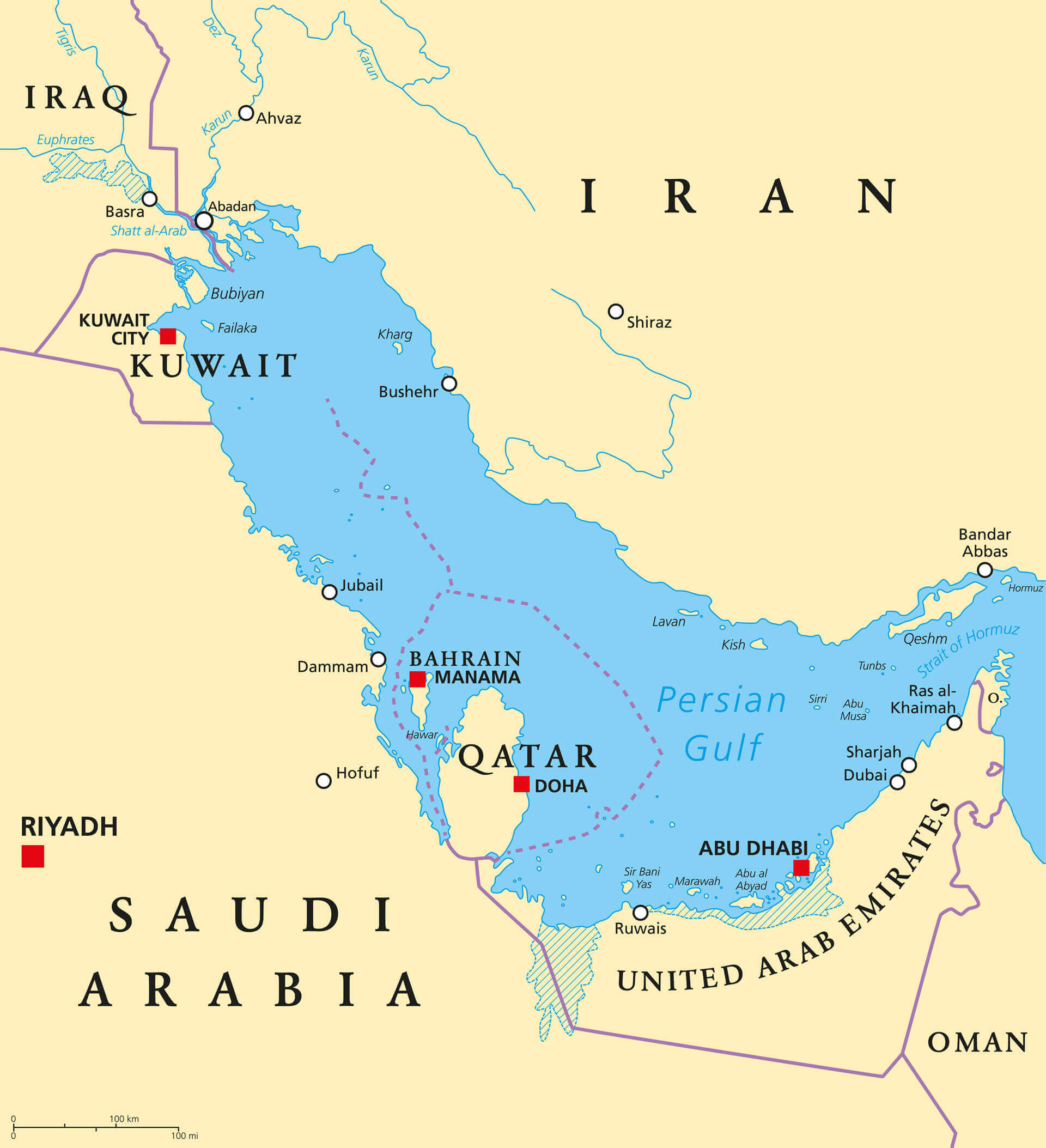 Carte politique des pays de la region du Golfe avec le Qatar